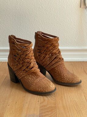 Free People Woven Strappy Tan Suede Ankle Boots